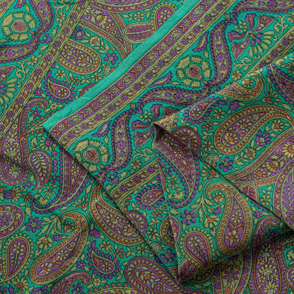 Sanskriti Vintage Green Pure Crepe Silk Saree Paisley Print Sari 5.5 yard Fabric