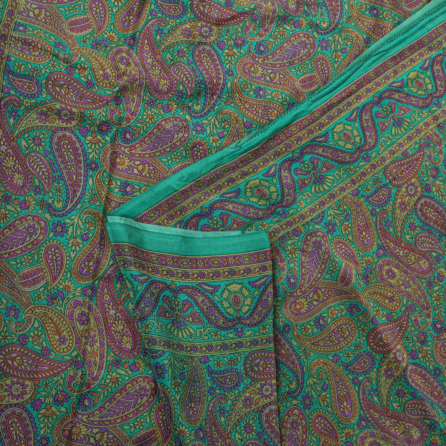 Sanskriti Vintage Green Pure Crepe Silk Saree Paisley Print Sari 5.5 yard Fabric