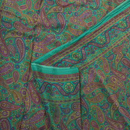 Sanskriti Vintage Green Pure Crepe Silk Saree Paisley Print Sari 5.5 yard Fabric