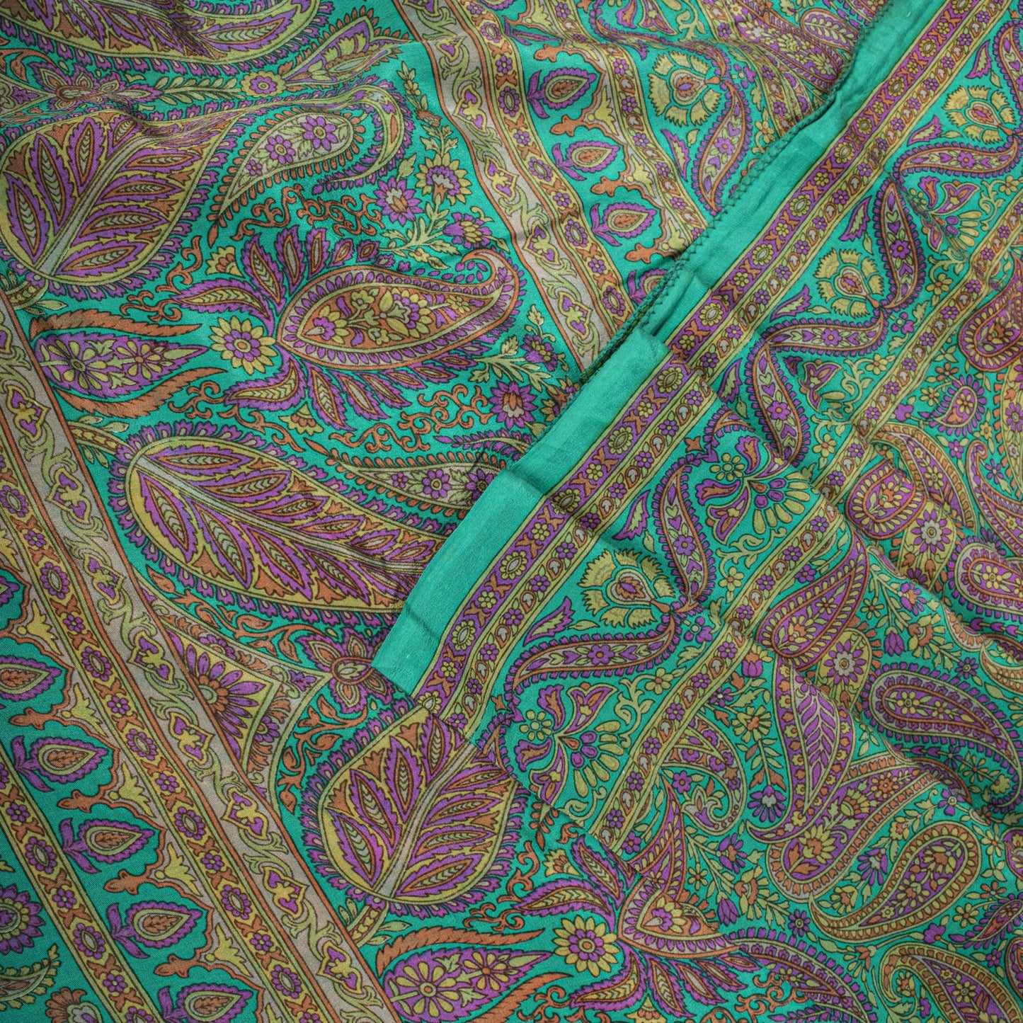 Sanskriti Vintage Green Pure Crepe Silk Saree Paisley Print Sari 5.5 yard Fabric