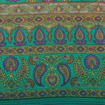 Sanskriti Vintage Green Pure Crepe Silk Saree Paisley Print Sari 5.5 yard Fabric