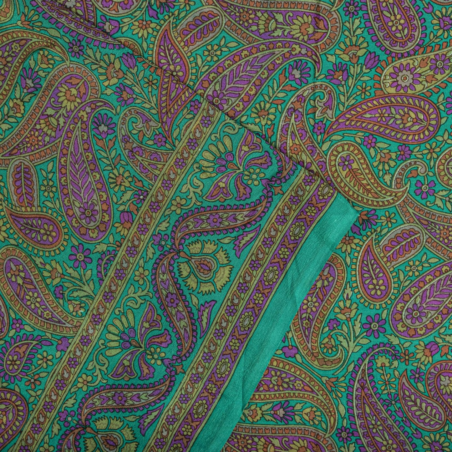 Sanskriti Vintage Green Pure Crepe Silk Saree Paisley Print Sari 5.5 yard Fabric