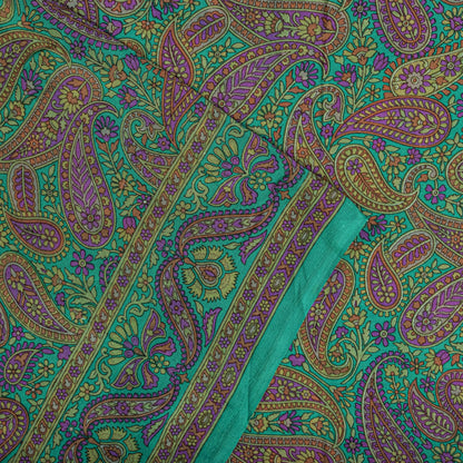 Sanskriti Vintage Green Pure Crepe Silk Saree Paisley Print Sari 5.5 yard Fabric