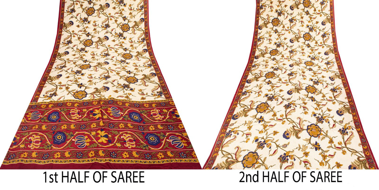 Sanskriti Vintage Cream Pure Crepe Silk Saree Floral Dot Printed Sari 5+Yard DIY