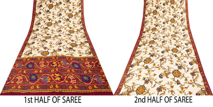 Sanskriti Vintage Cream Pure Crepe Silk Saree Floral Dot Printed Sari 5+Yard DIY