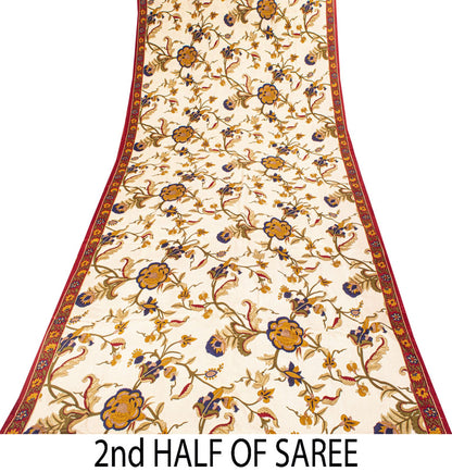Sanskriti Vintage Cream Pure Crepe Silk Saree Floral Dot Printed Sari 5+Yard DIY