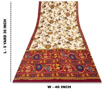 Sanskriti Vintage Cream Pure Crepe Silk Saree Floral Dot Printed Sari 5+Yard DIY