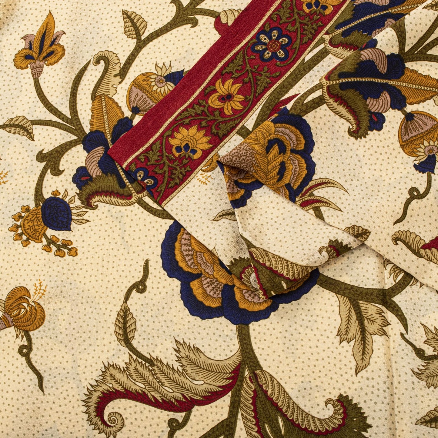 Sanskriti Vintage Cream Pure Crepe Silk Saree Floral Dot Printed Sari 5+Yard DIY