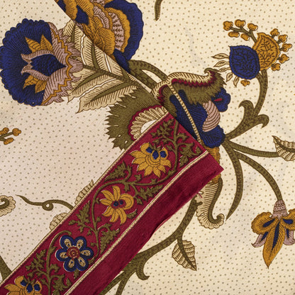 Sanskriti Vintage Cream Pure Crepe Silk Saree Floral Dot Printed Sari 5+Yard DIY