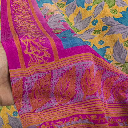 Sanskriti Vintage Saree Yellow Pure Crepe Floral Printed Sari 5+Yd Craft Fabric