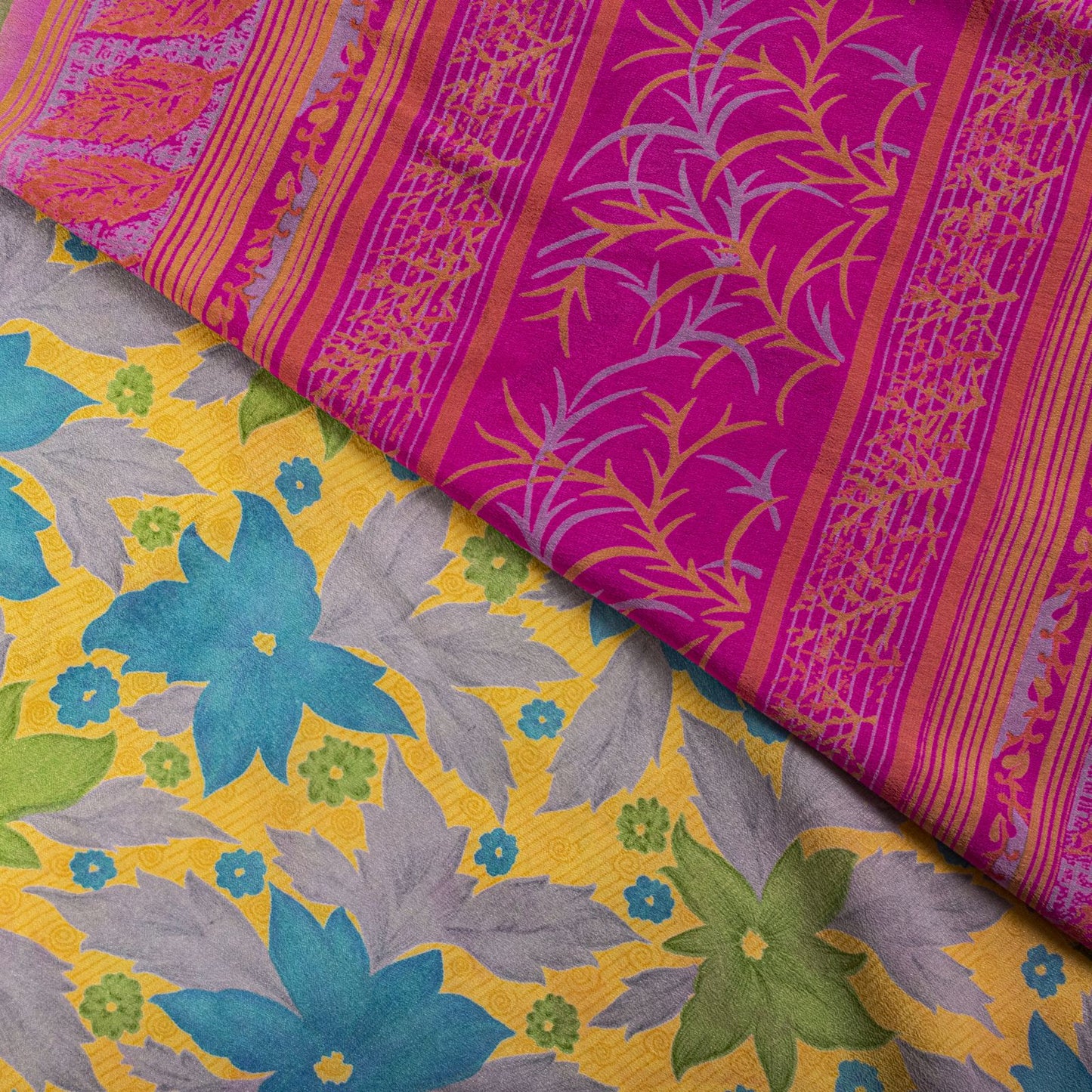Sanskriti Vintage Saree Yellow Pure Crepe Floral Printed Sari 5+Yd Craft Fabric
