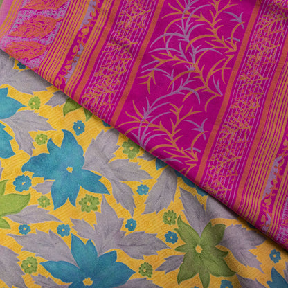 Sanskriti Vintage Saree Yellow Pure Crepe Floral Printed Sari 5+Yd Craft Fabric