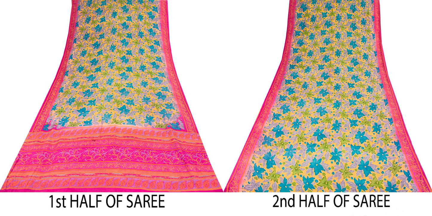 Sanskriti Vintage Saree Yellow Pure Crepe Floral Printed Sari 5+Yd Craft Fabric