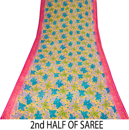 Sanskriti Vintage Saree Yellow Pure Crepe Floral Printed Sari 5+Yd Craft Fabric