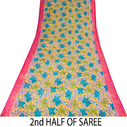 Sanskriti Vintage Saree Yellow Pure Crepe Floral Printed Sari 5+Yd Craft Fabric