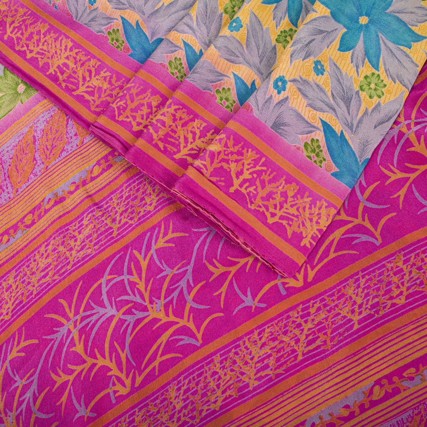Sanskriti Vintage Saree Yellow Pure Crepe Floral Printed Sari 5+Yd Craft Fabric