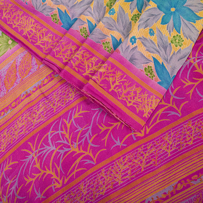 Sanskriti Vintage Saree Yellow Pure Crepe Floral Printed Sari 5+Yd Craft Fabric