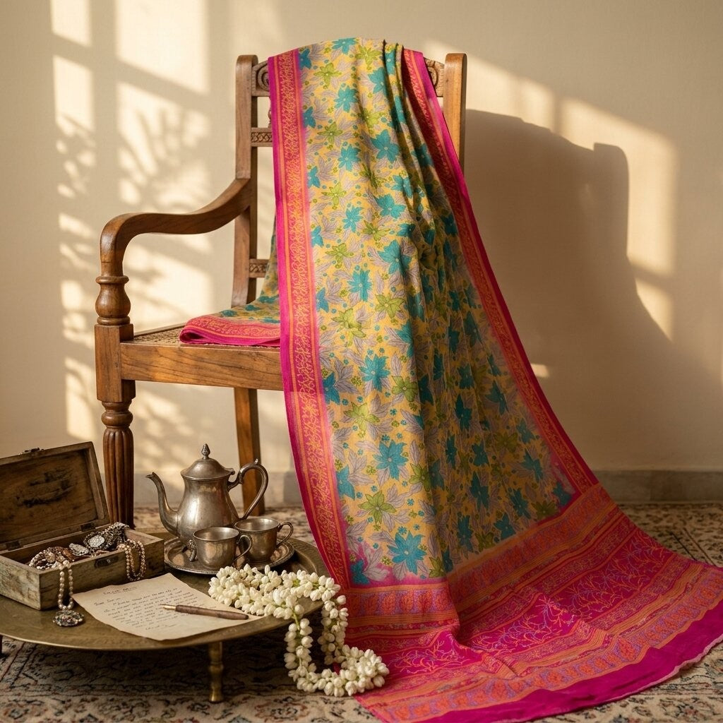 Sanskriti Vintage Saree Yellow Pure Crepe Floral Printed Sari 5+Yd Craft Fabric
