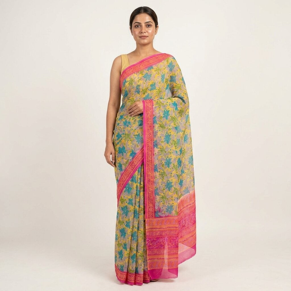 Sanskriti Vintage Saree Yellow Pure Crepe Floral Printed Sari 5+Yd Craft Fabric