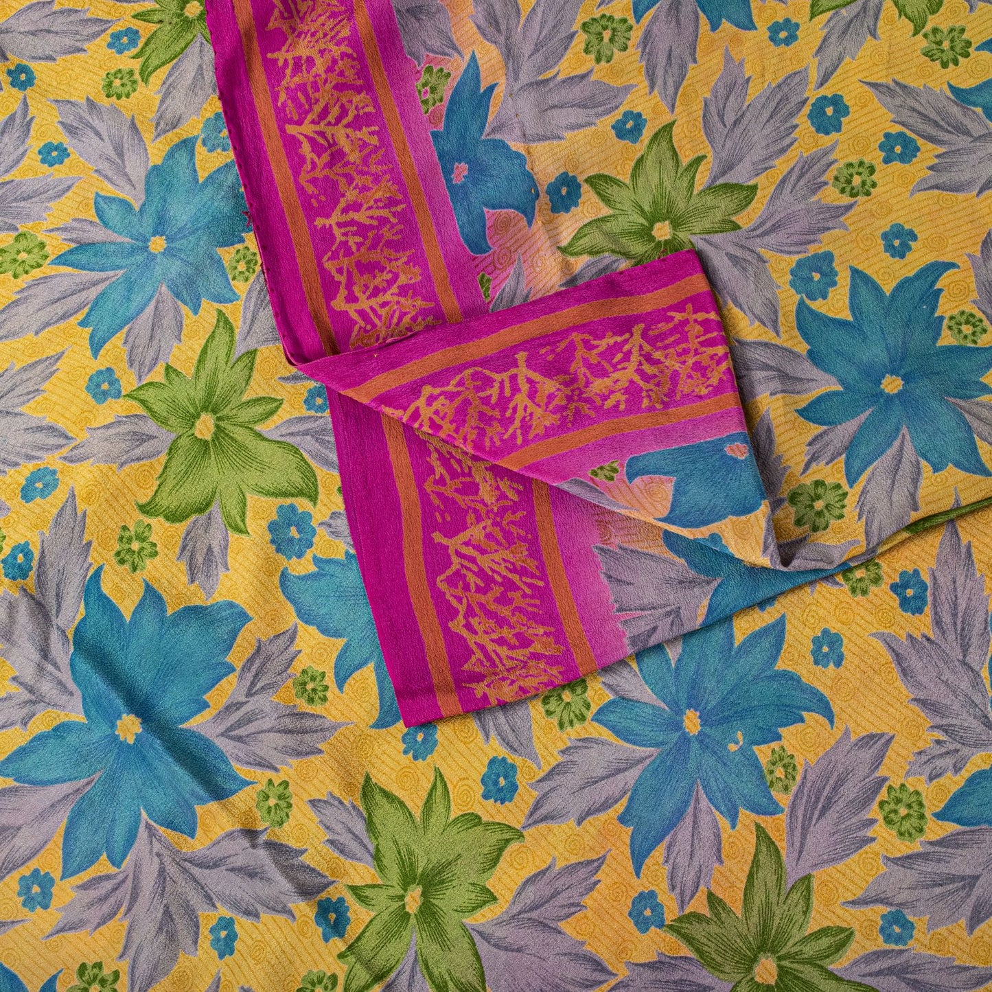 Sanskriti Vintage Saree Yellow Pure Crepe Floral Printed Sari 5+Yd Craft Fabric