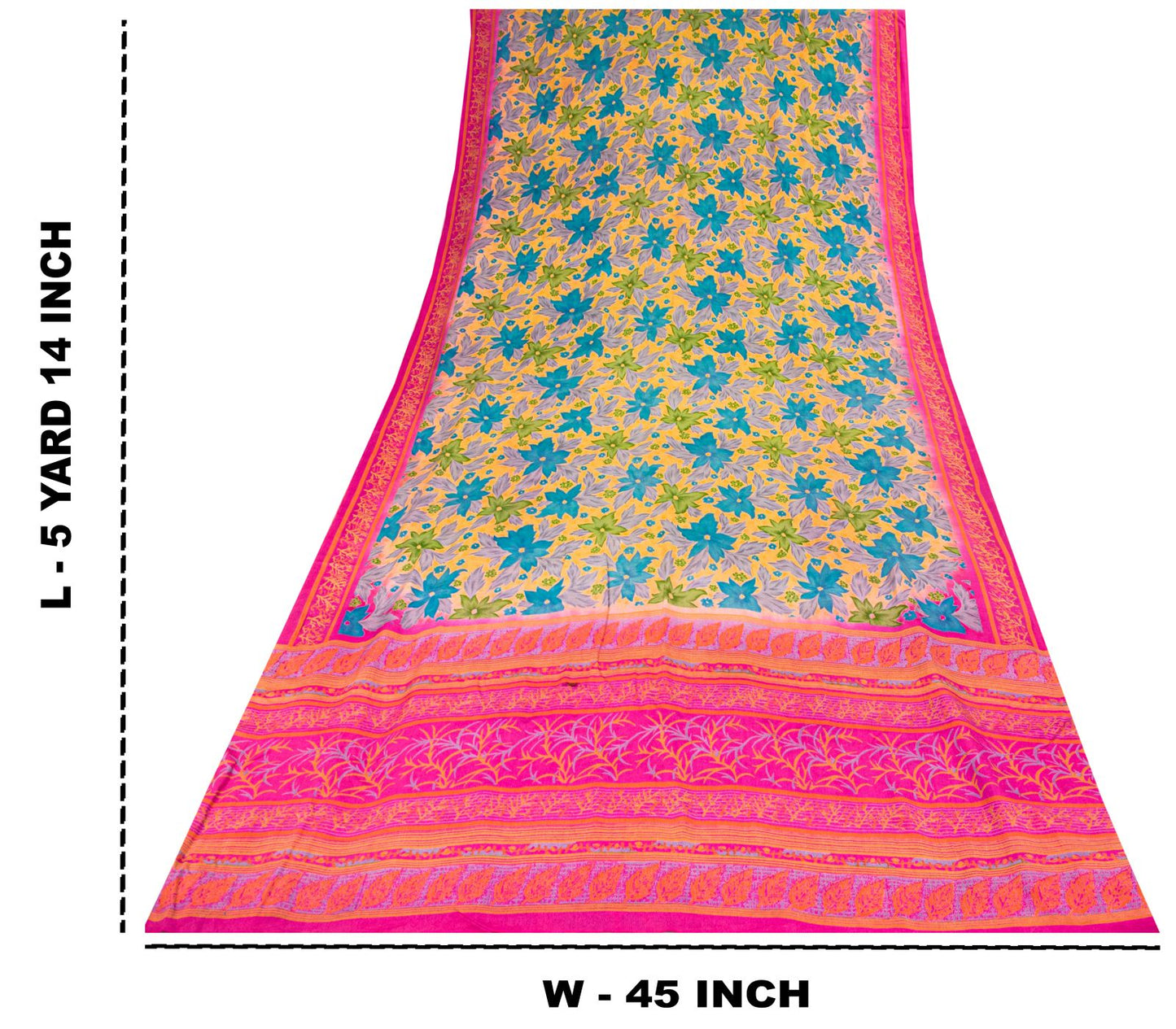 Sanskriti Vintage Saree Yellow Pure Crepe Floral Printed Sari 5+Yd Craft Fabric