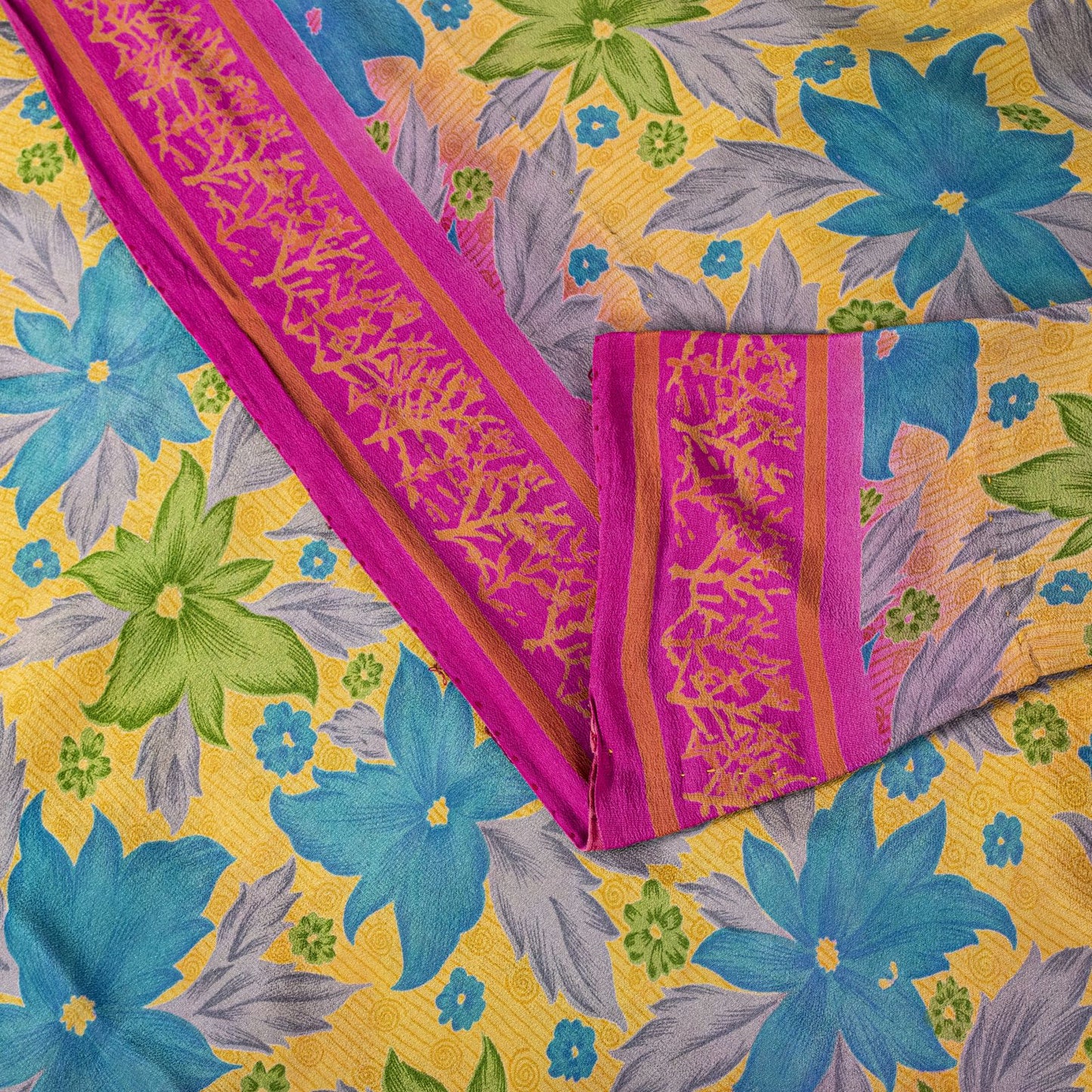 Sanskriti Vintage Saree Yellow Pure Crepe Floral Printed Sari 5+Yd Craft Fabric