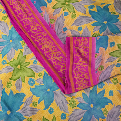 Sanskriti Vintage Saree Yellow Pure Crepe Floral Printed Sari 5+Yd Craft Fabric