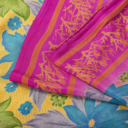 Sanskriti Vintage Saree Yellow Pure Crepe Floral Printed Sari 5+Yd Craft Fabric