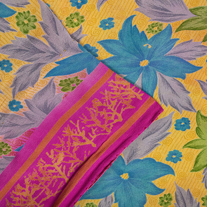 Sanskriti Vintage Saree Yellow Pure Crepe Floral Printed Sari 5+Yd Craft Fabric