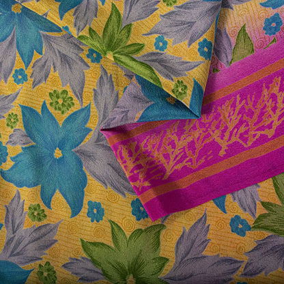 Sanskriti Vintage Saree Yellow Pure Crepe Floral Printed Sari 5+Yd Craft Fabric