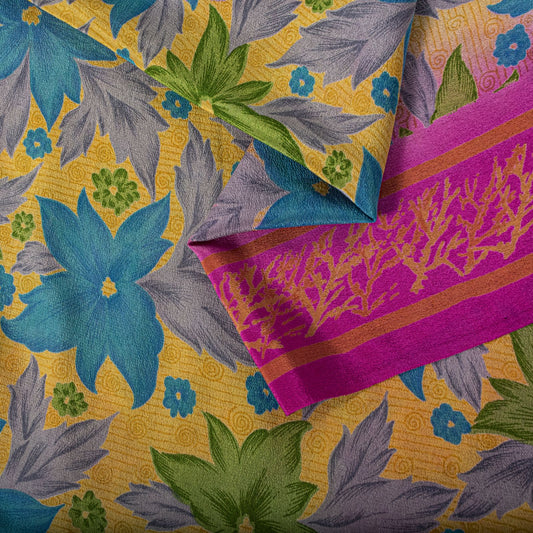 Sanskriti Vintage Saree Yellow Pure Crepe Floral Printed Sari 5+Yd Craft Fabric