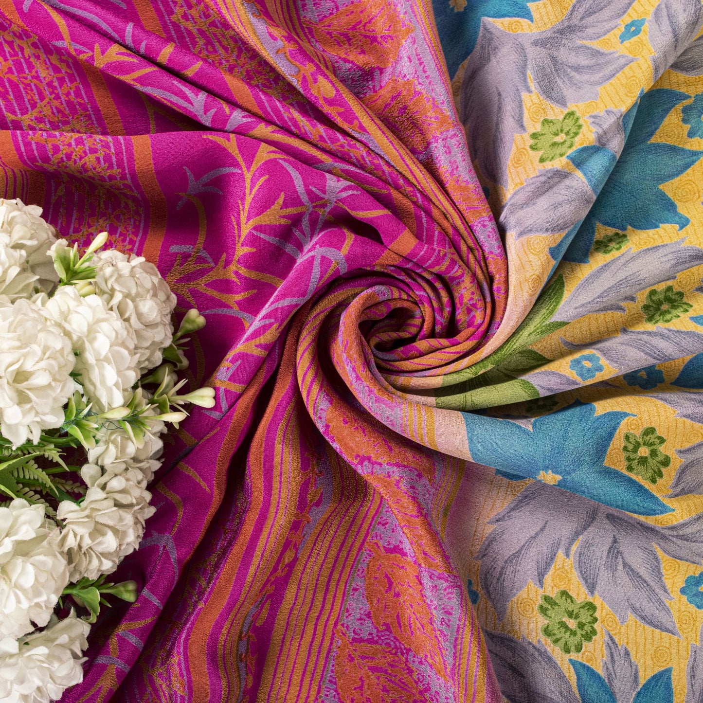 Sanskriti Vintage Saree Yellow Pure Crepe Floral Printed Sari 5+Yd Craft Fabric