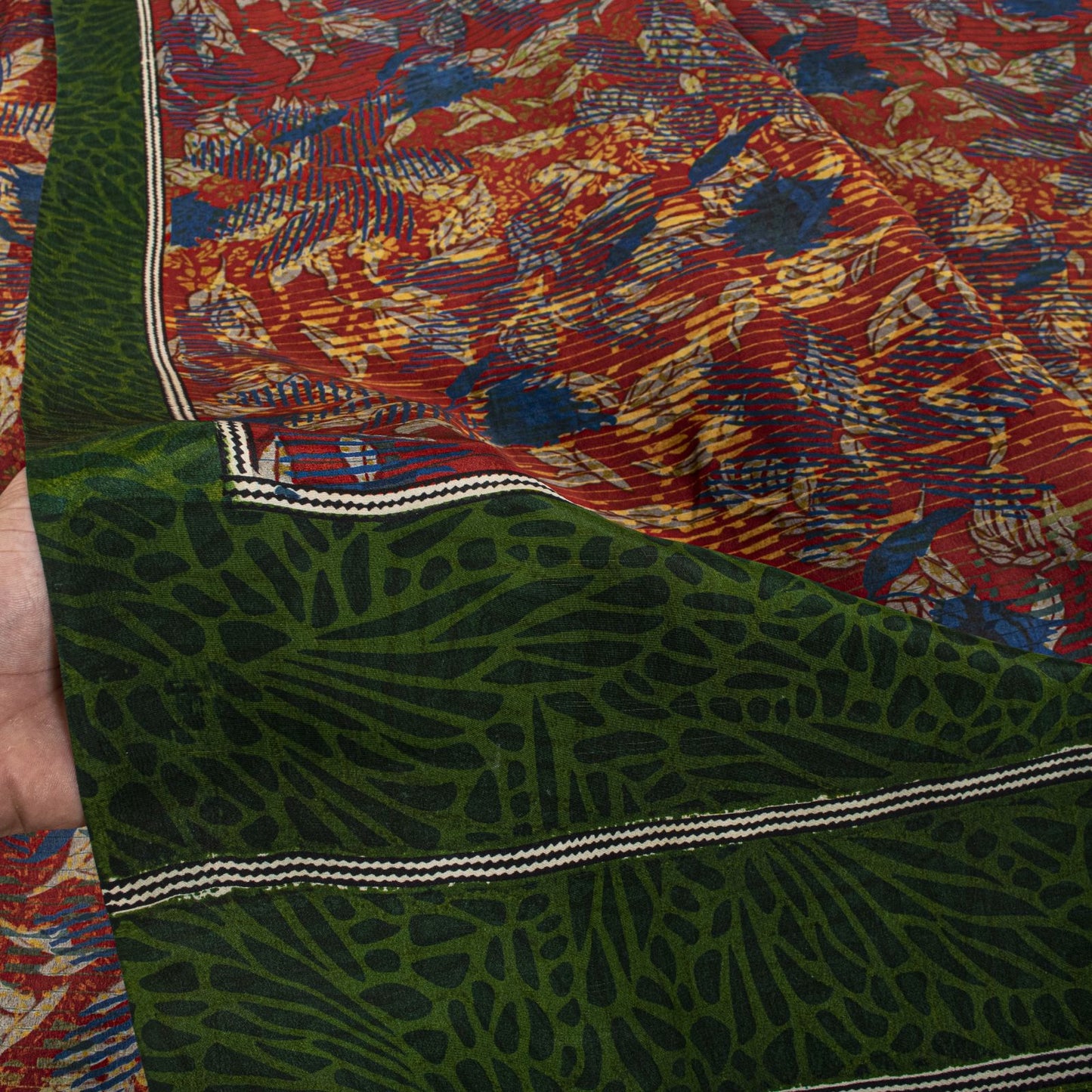 Sanskriti Vintage Saree Red-Green Pure Crepe Abstract Print Sari 5.5+Yd Fabric