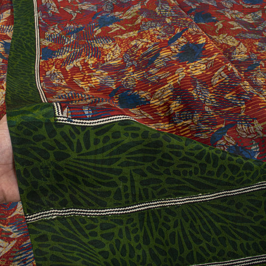 Sanskriti Vintage Saree Red-Green Pure Crepe Abstract Print Sari 5.5+Yd Fabric