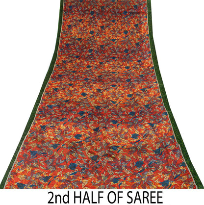 Sanskriti Vintage Saree Red-Green Pure Crepe Abstract Print Sari 5.5+Yd Fabric