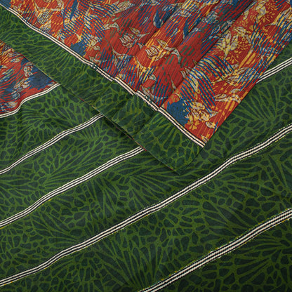 Sanskriti Vintage Saree Red-Green Pure Crepe Abstract Print Sari 5.5+Yd Fabric