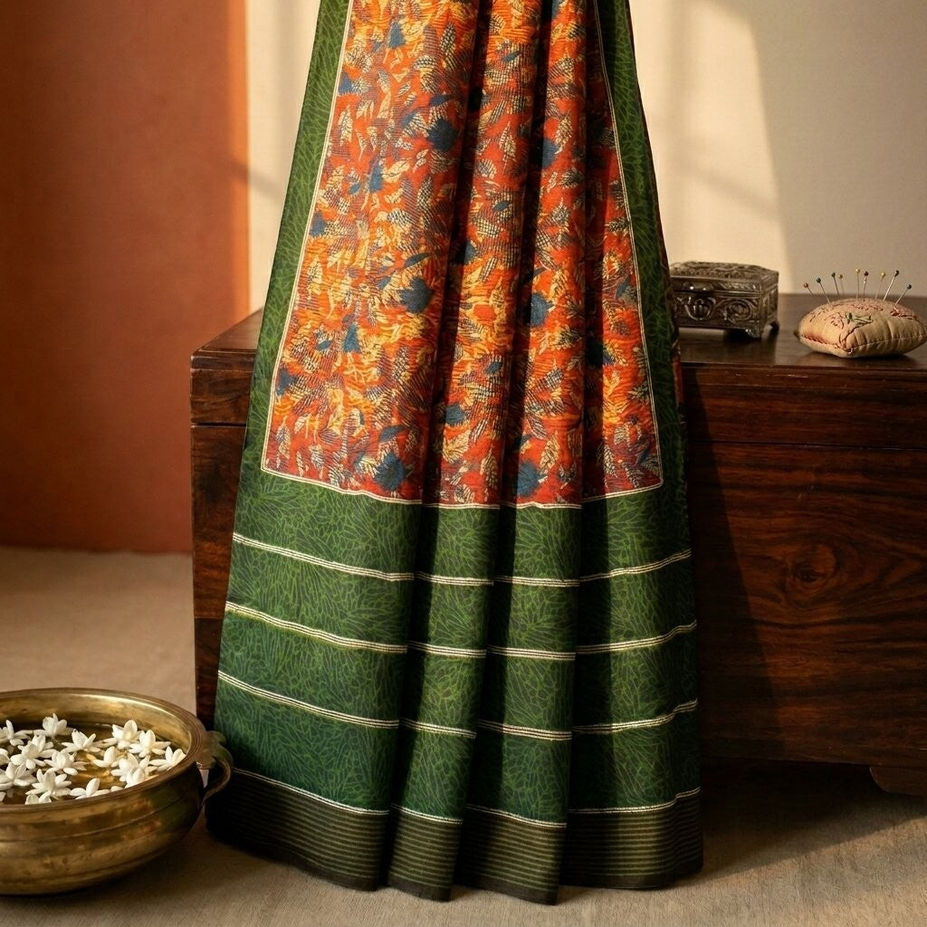 Sanskriti Vintage Saree Red-Green Pure Crepe Abstract Print Sari 5.5+Yd Fabric