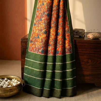 Sanskriti Vintage Saree Red-Green Pure Crepe Abstract Print Sari 5.5+Yd Fabric