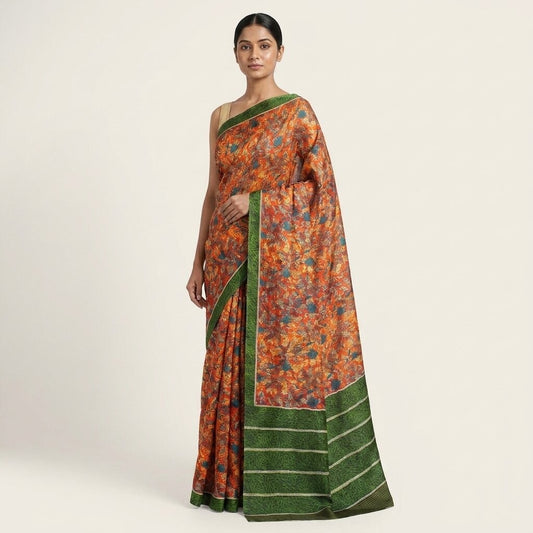 Sanskriti Vintage Saree Red-Green Pure Crepe Abstract Print Sari 5.5+Yd Fabric