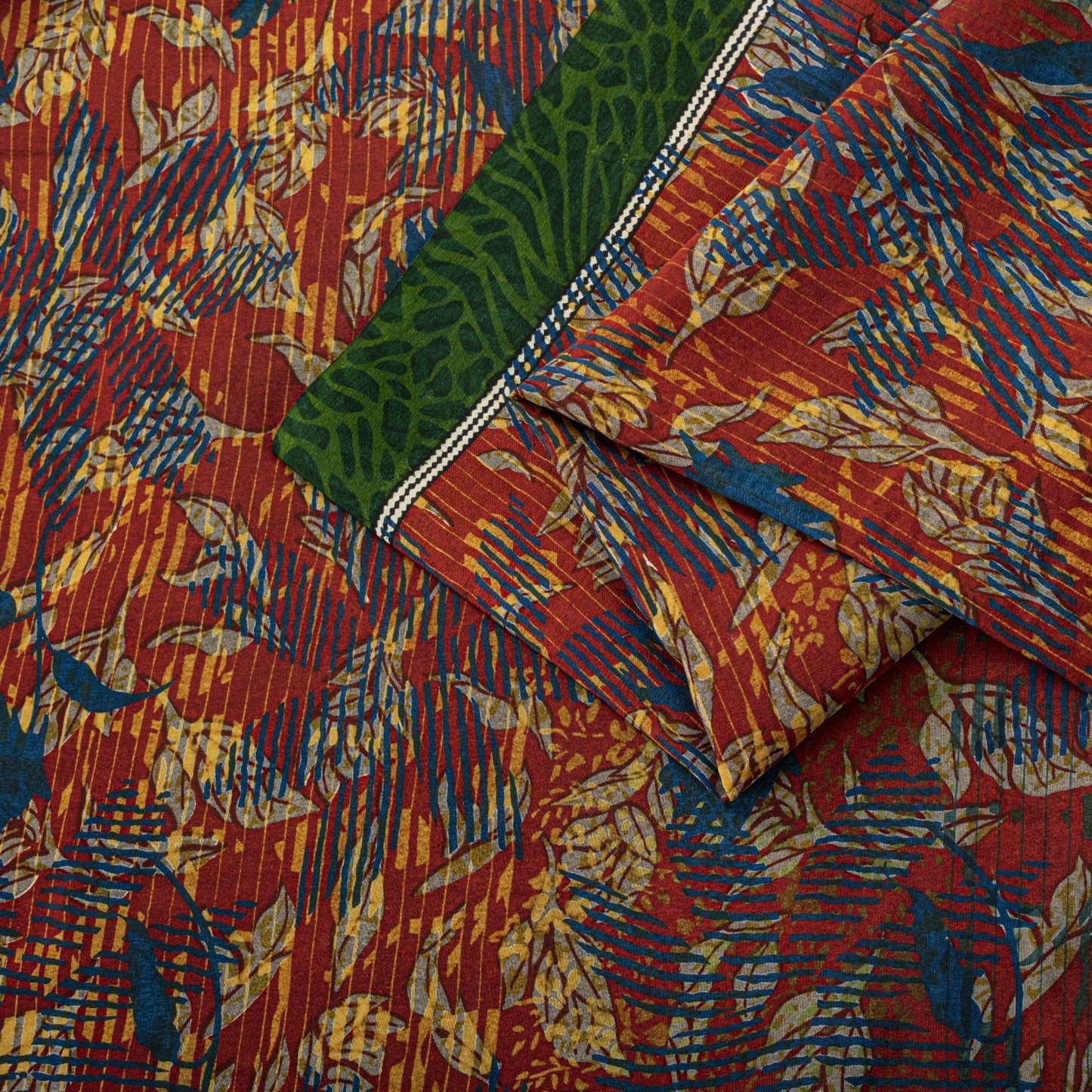 Sanskriti Vintage Saree Red-Green Pure Crepe Abstract Print Sari 5.5+Yd Fabric