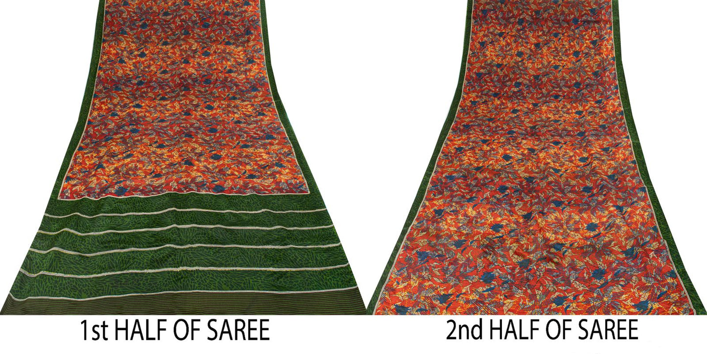 Sanskriti Vintage Saree Red-Green Pure Crepe Abstract Print Sari 5.5+Yd Fabric