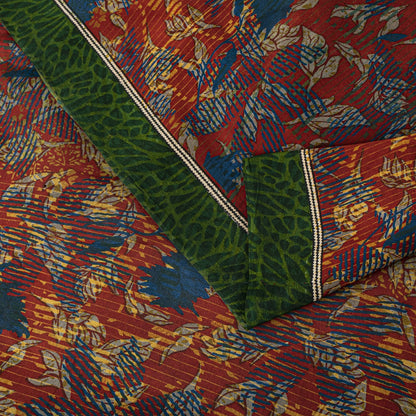 Sanskriti Vintage Saree Red-Green Pure Crepe Abstract Print Sari 5.5+Yd Fabric