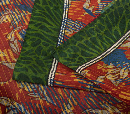 Sanskriti Vintage Saree Red-Green Pure Crepe Abstract Print Sari 5.5+Yd Fabric