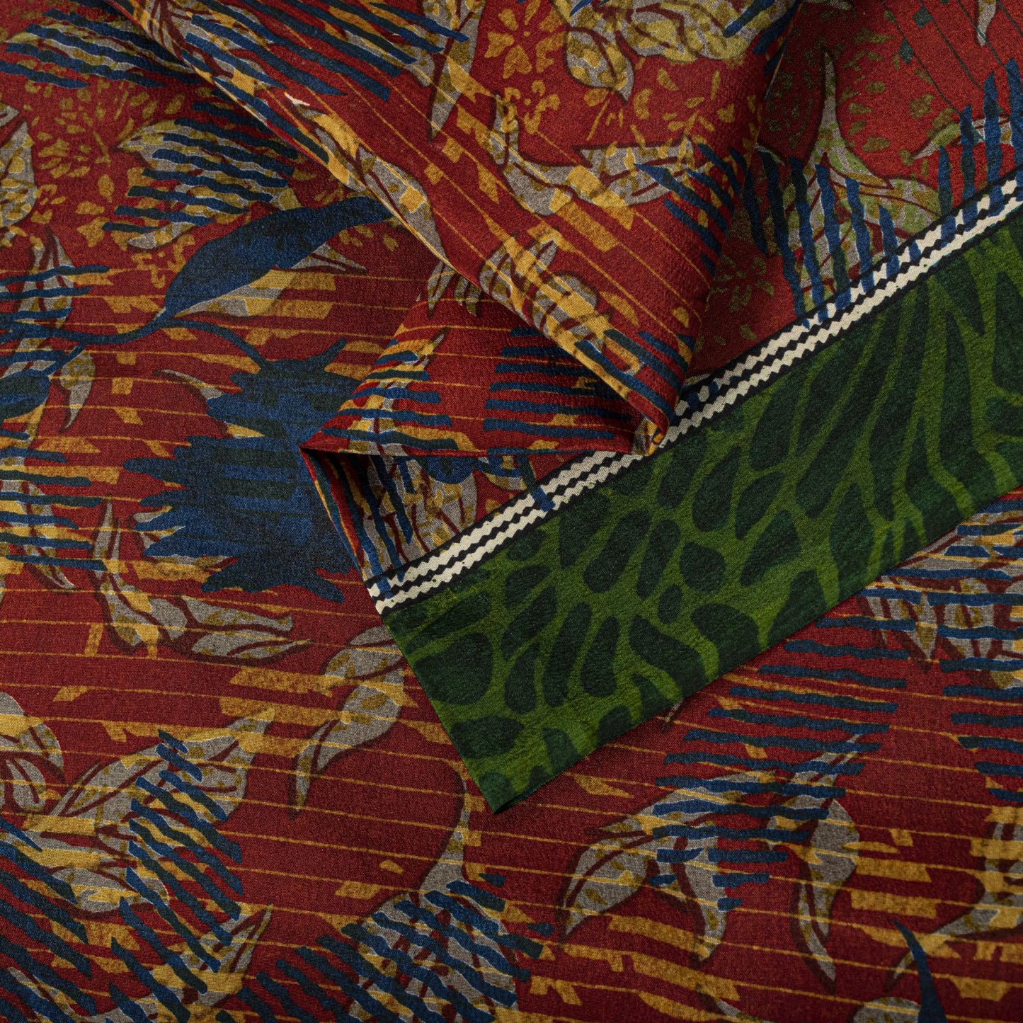 Sanskriti Vintage Saree Red-Green Pure Crepe Abstract Print Sari 5.5+Yd Fabric