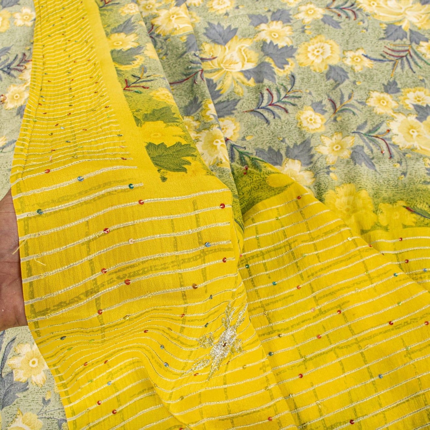 Sanskriti Vintage Saree Yellow Pure Crepe Embroidered-Printed Sari 5.5+YD Fabric