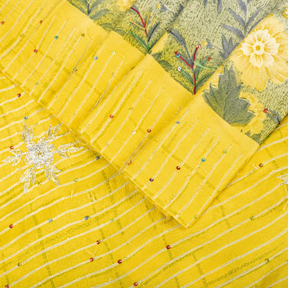 Sanskriti Vintage Saree Yellow Pure Crepe Embroidered-Printed Sari 5.5+YD Fabric