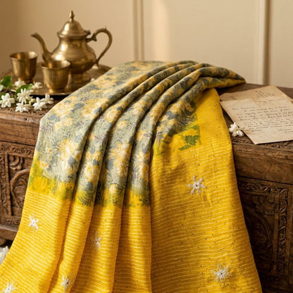 Sanskriti Vintage Saree Yellow Pure Crepe Embroidered-Printed Sari 5.5+YD Fabric
