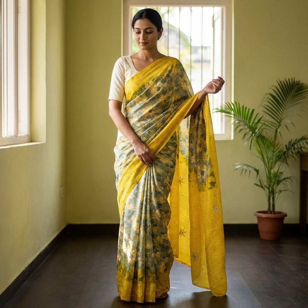 Sanskriti Vintage Saree Yellow Pure Crepe Embroidered-Printed Sari 5.5+YD Fabric