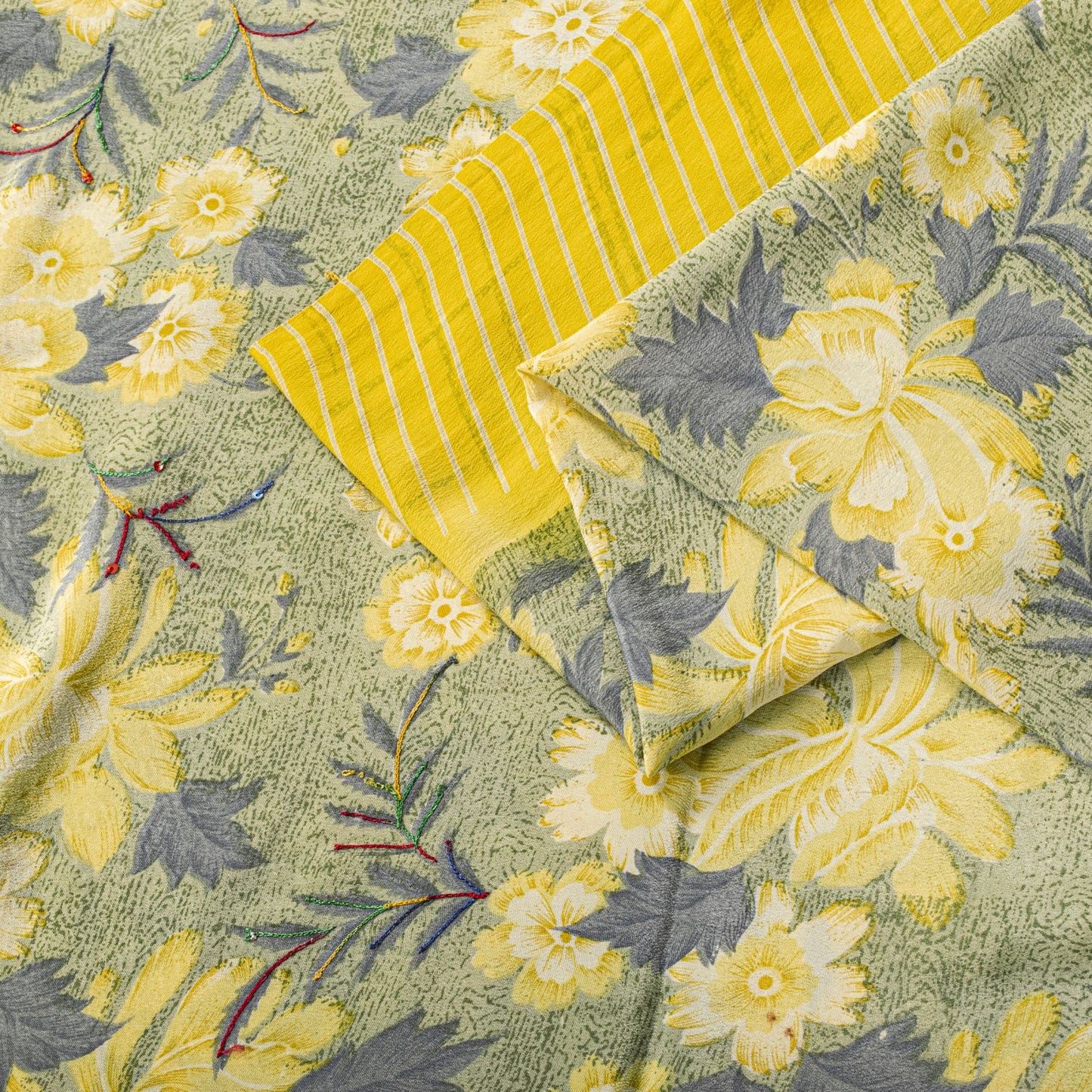 Sanskriti Vintage Saree Yellow Pure Crepe Embroidered-Printed Sari 5.5+YD Fabric