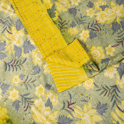 Sanskriti Vintage Saree Yellow Pure Crepe Embroidered-Printed Sari 5.5+YD Fabric